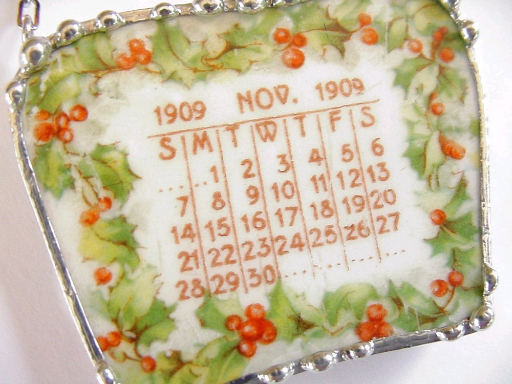 Broken China Jewelry necklace November 1909 antique calendar plate holly