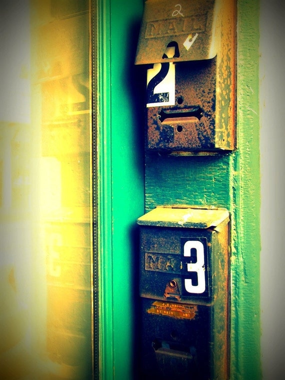 IN STOCK - Mailboxes Photograph - vintage mail numbers address teal black yellow white art print home decor