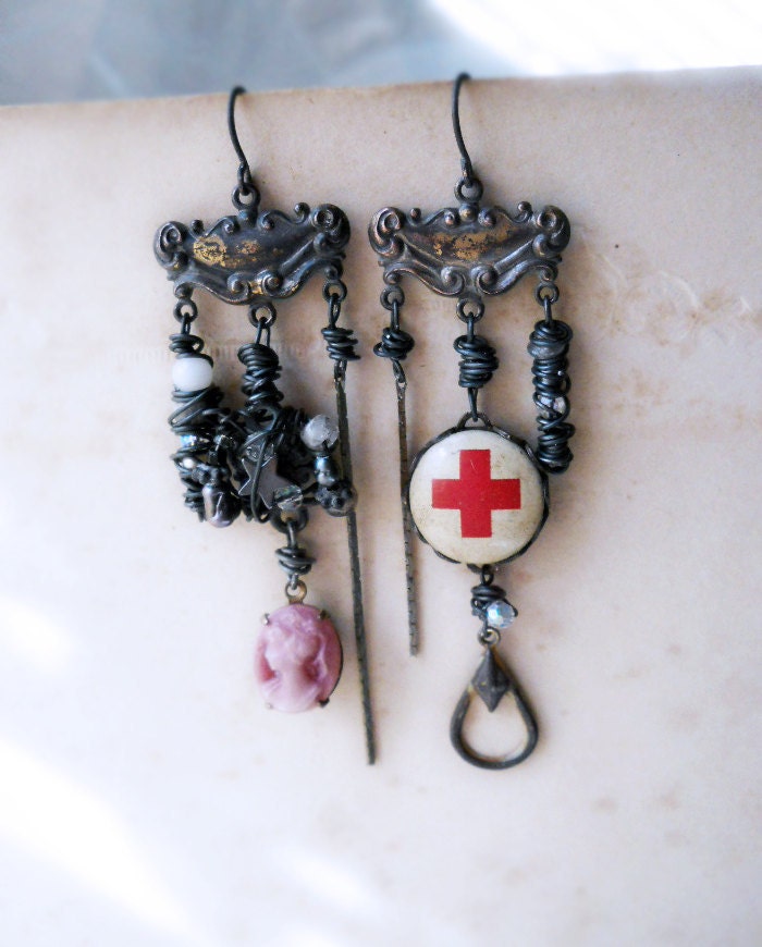 Chandelier Earrings - Rustic Beaded Earrings - Red Cross, Cameo, Labradorite, Crystal, Pearl, Chain - Red Cross Assemblage Earrings