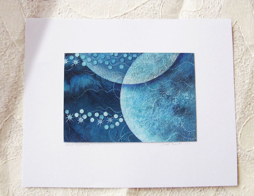 Original painting Monaco Blue Watercolor  OOAK  Moon planet - Astral Conjunction