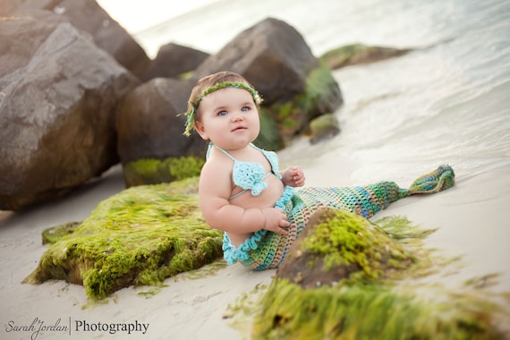 Crocheted 6 - 9 Month Mermaid Tail Seaweed Headband and Shell Top Set ...