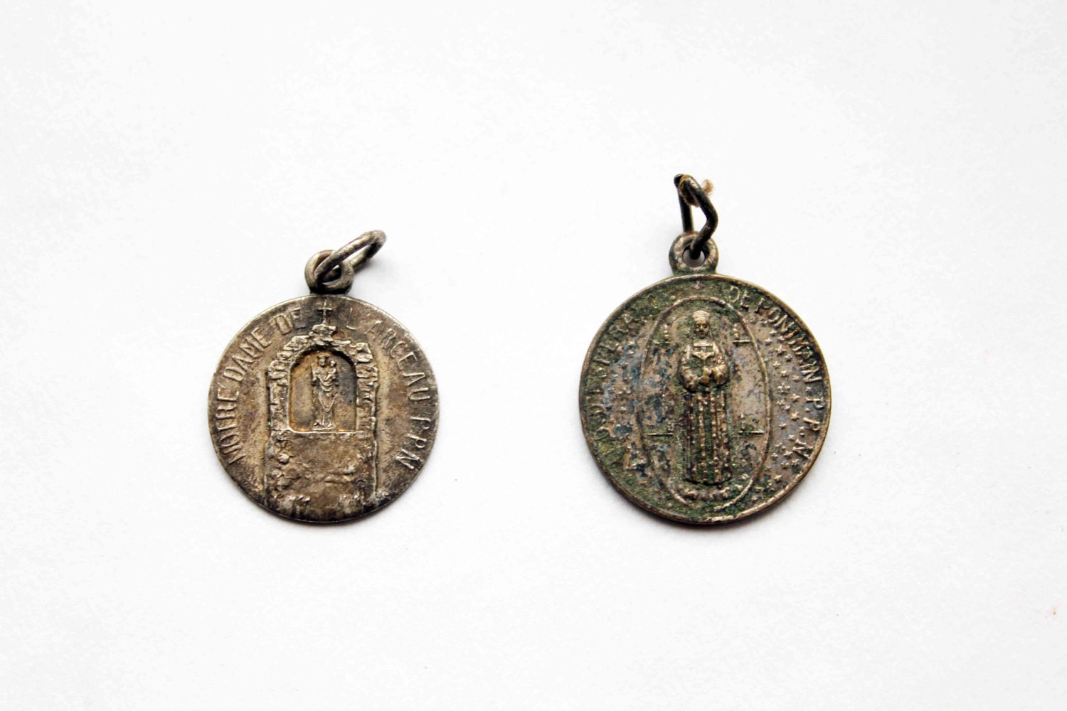 Antique french medal - religious charm - round rosary both sides