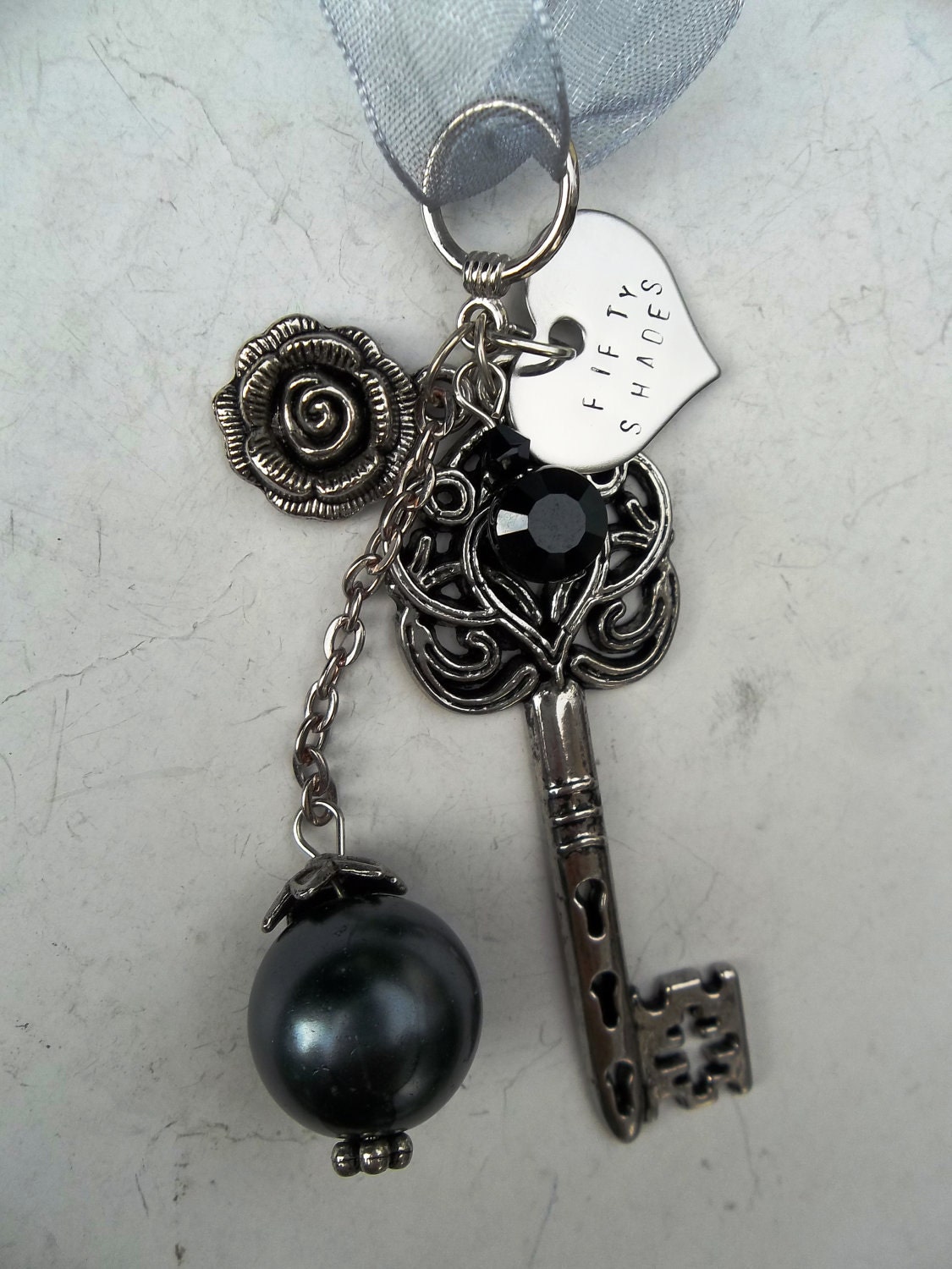 Fifty Shades of Grey Key to the Red Room of Pain Cluster Necklace Hand Stamped w/Charms Inspired by the Book