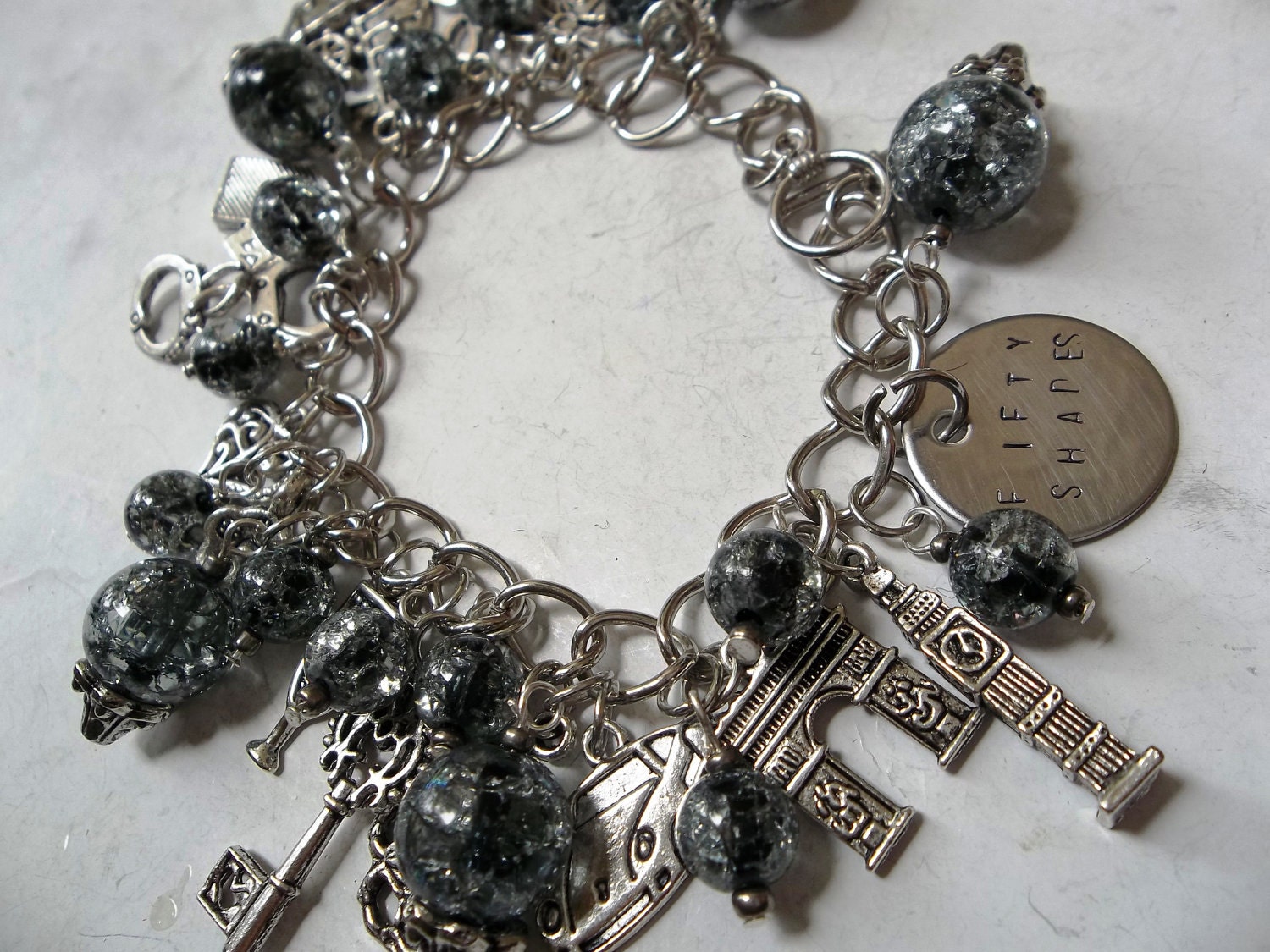 The Ultimate Fifty Shades Charm Bracelet Hand Stamped w/Tons of Charms & Glass Beads Inspired by the Book