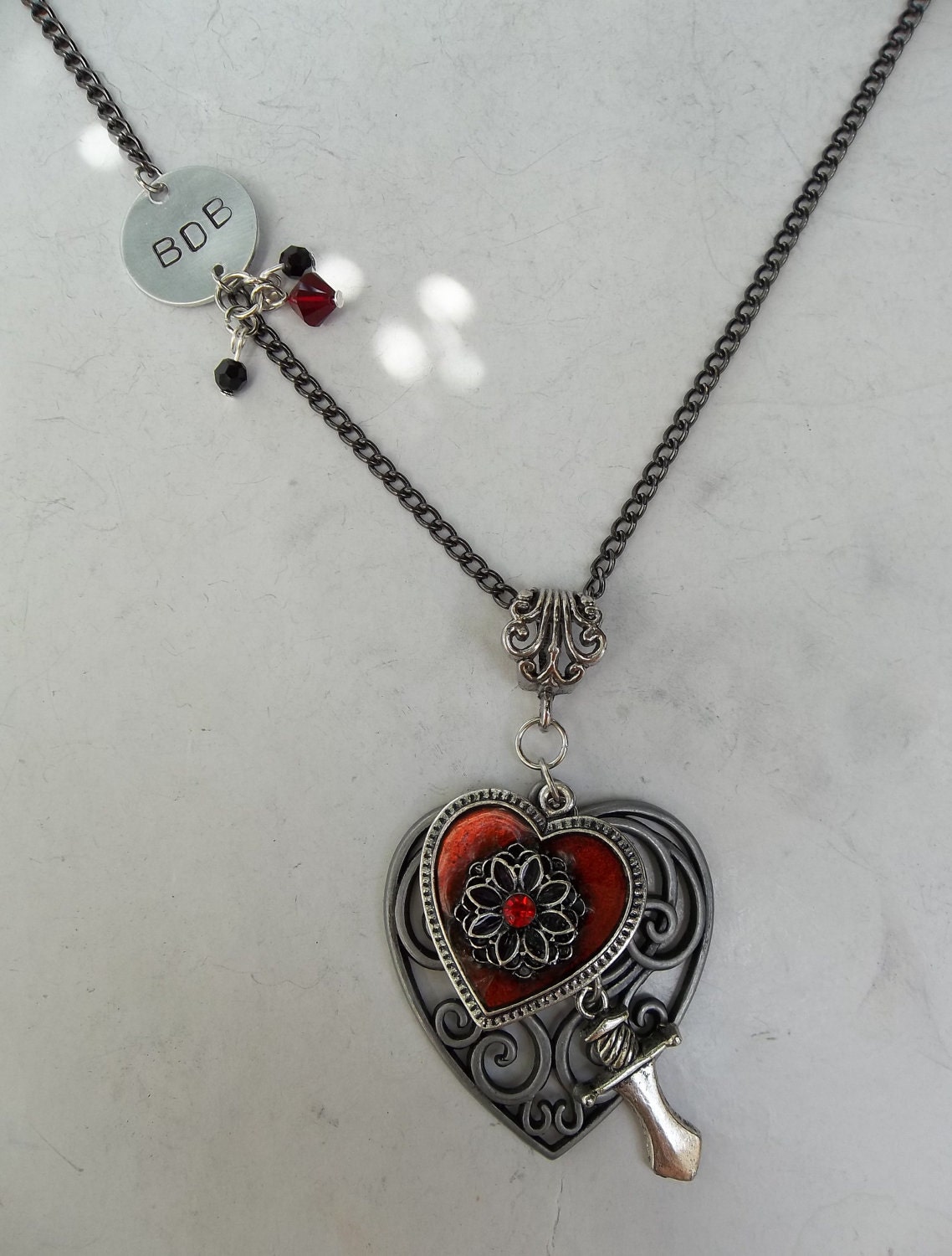 Black Dagger Brotherhood Long Charm Necklace Hand Stamped with Dagger and Swarovski Crystals BDB