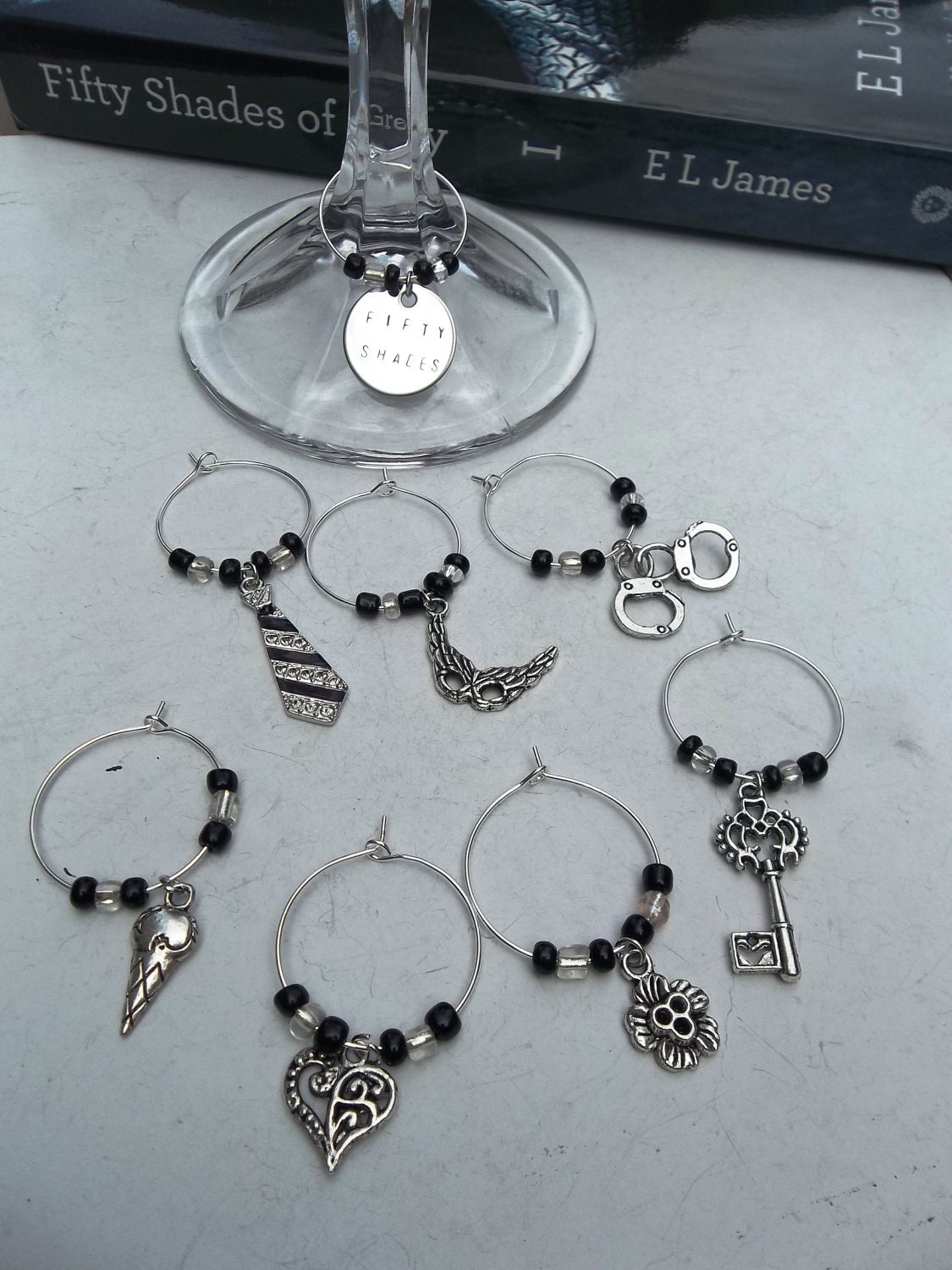 Fifty Shades of Grey Wine Glass Charms Set of 8 Hand-Stamped w/Silver Charms Inspired by the books 50 Shades