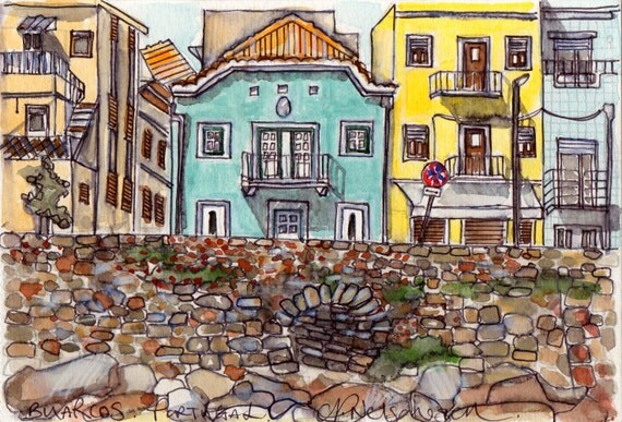 Painting - Watercolor Original  Buarcos Buildings, houses, apartments, stone wall, traditional, silver coast, europe, Portugal
