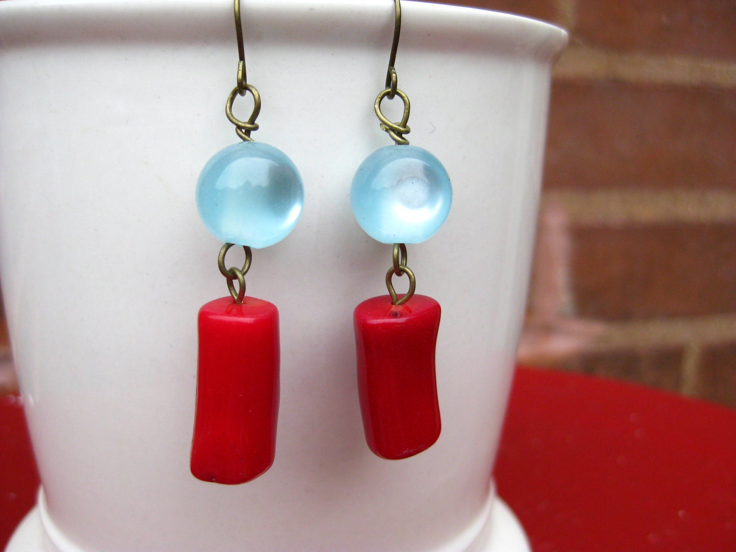 Coral Earrings, Light Blue Glass Beads
