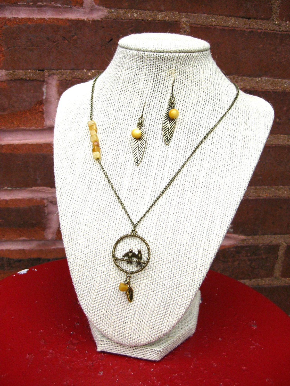 Bird Necklace and Earrings, Jewelry Set, Gift Set, Yellow Stone Beads