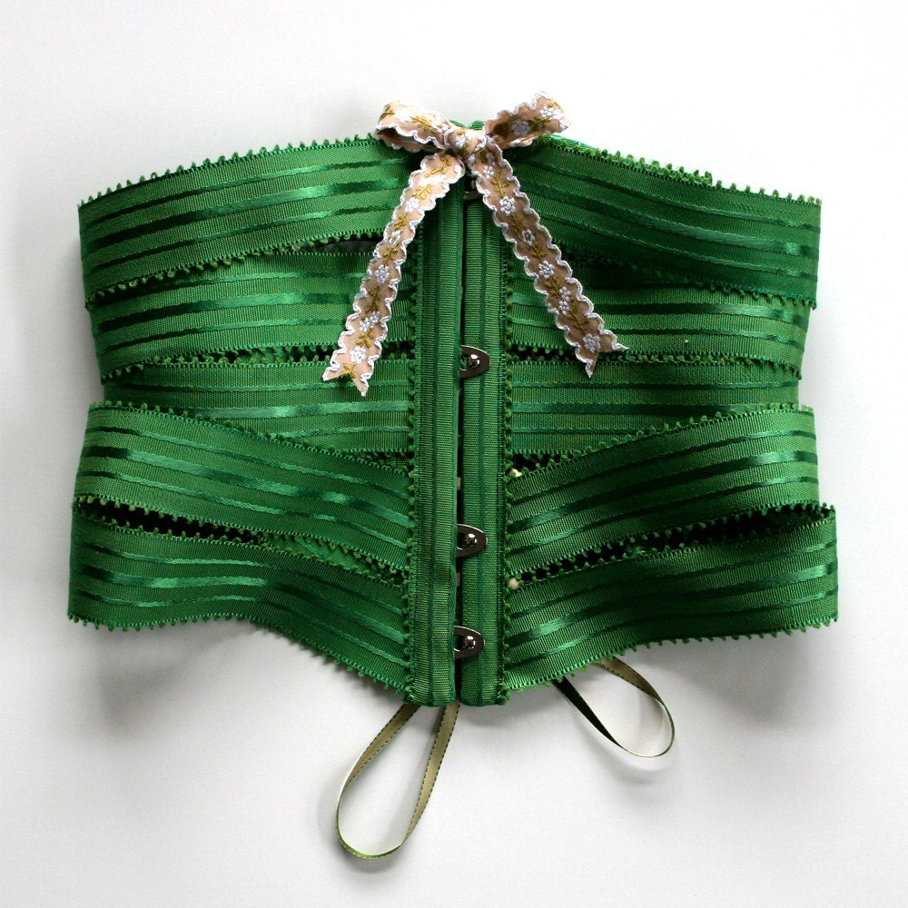 Handmade lingerie in deep green ribbons and bows