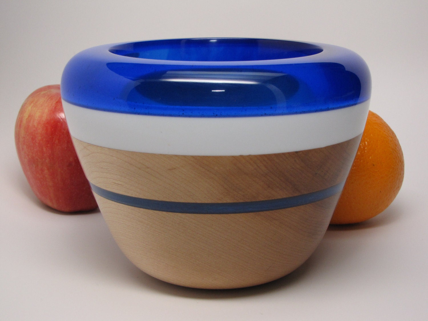 Hand Crafted Hard Maple Bowl with a Clear Dark Blue and Lite Blue Resin Lip