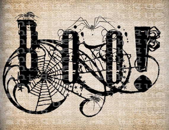 Antique Halloween BOO Word Spiders Web Fancy Script Digital Download for Papercrafts, Transfer, Pillows, etc Burlap No. 3661