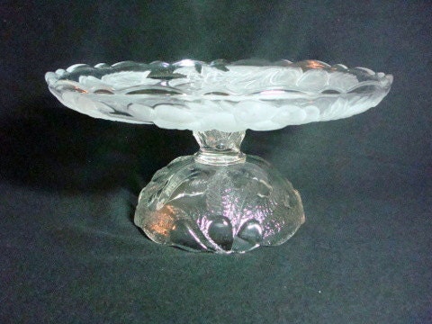 Vintage pedestal food display stand made with repurposed glass.  Pedestal cake plate.  Cupcake stand.  Upcycled cake plate.