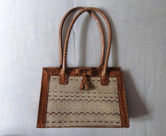 Vintage Brown Alligator Weave Handbag / Purse