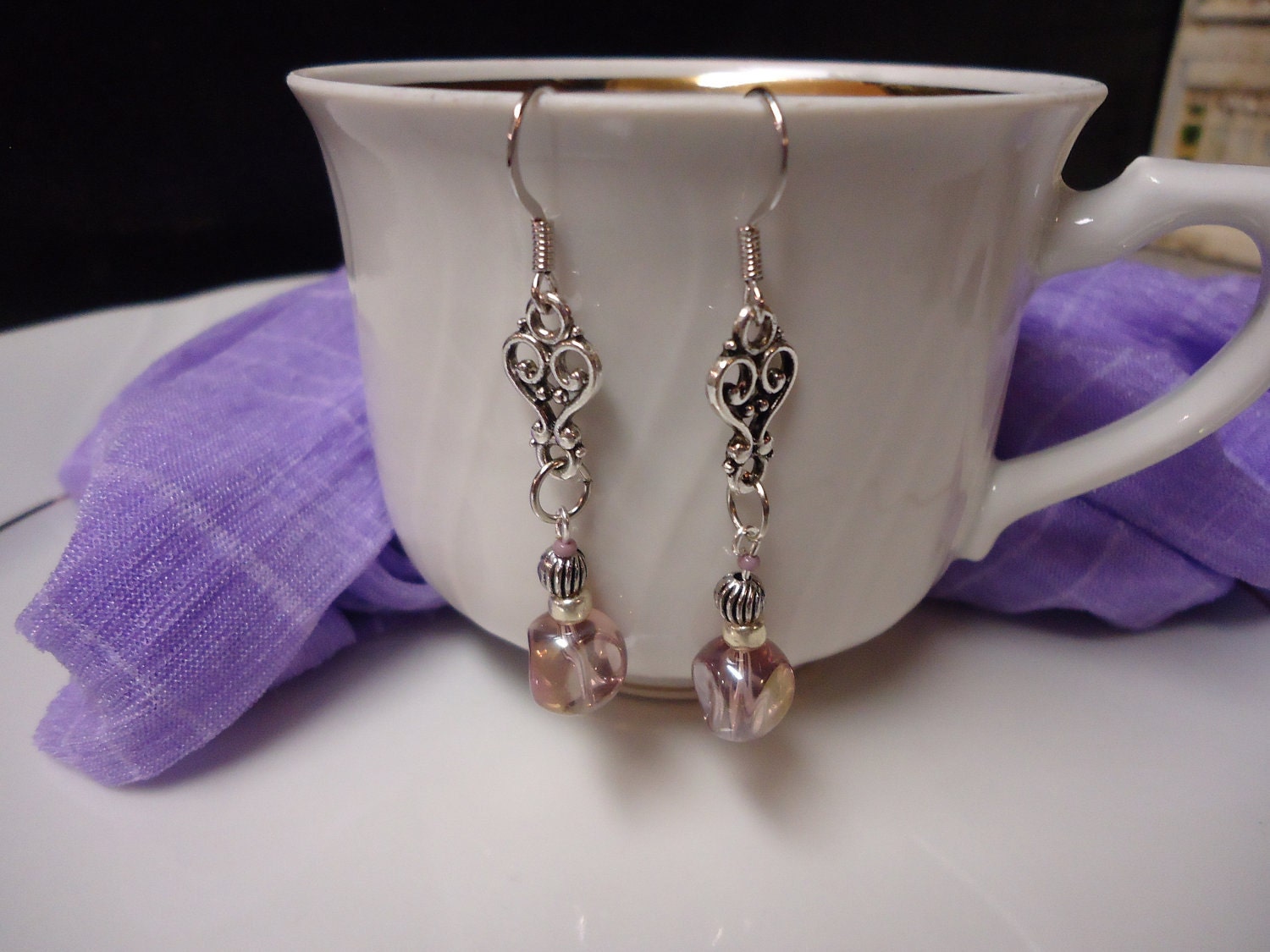 Light Purple Heart Design Silver Earrings