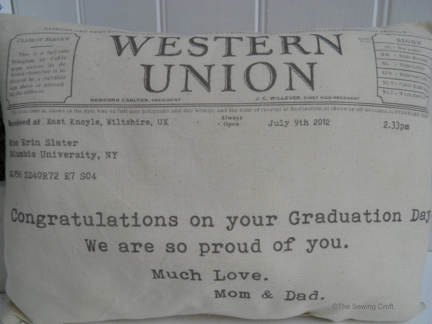 Western Union Telegram Personal Message Pillow Graduation, Birthday, Birth, Celebration