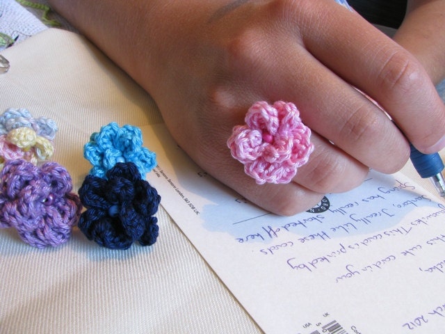 Crocheted pink, purple, turquoise, beige, red, colorful pastel flower rings, elegant and timeless