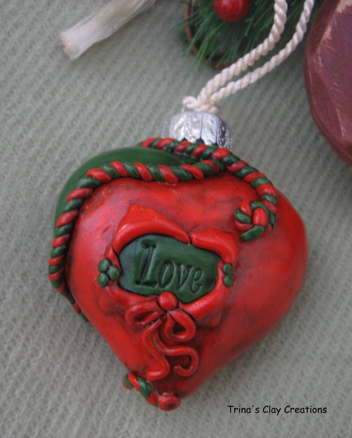 Christmas Ornament, Polymer Clay, Red and Green Rope, Love Ornament