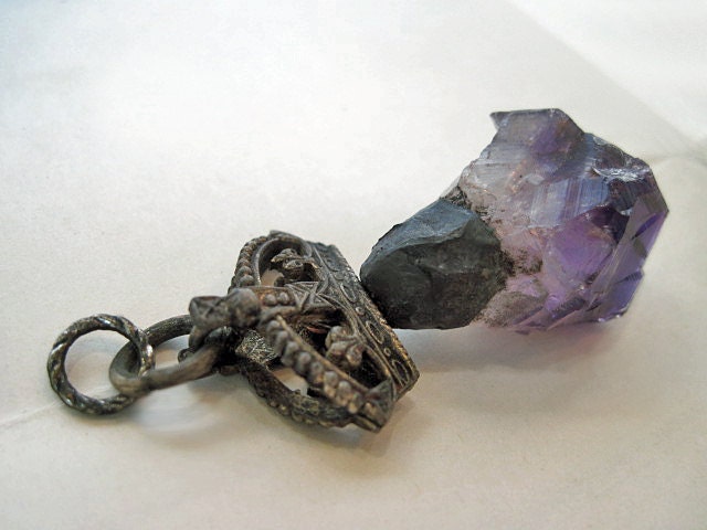Royal. Victorian Tribal Rustic  Crown and Rough Amethyst Pendant.