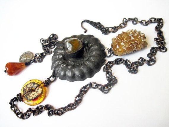 The Secret Earth. Found Object Assemblage Necklace with Gold Druzy.