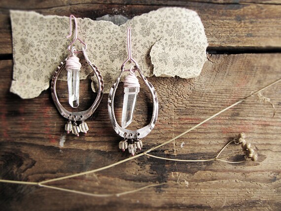 Early birds - romantic rustic earrings - pink hammered metal - crystal quartz - tribal sci-fi