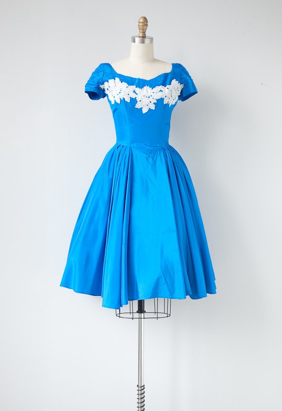 vintage 1950s dress / vintage 50s party dress / vintage lace detailed royal blue silk 50s dress