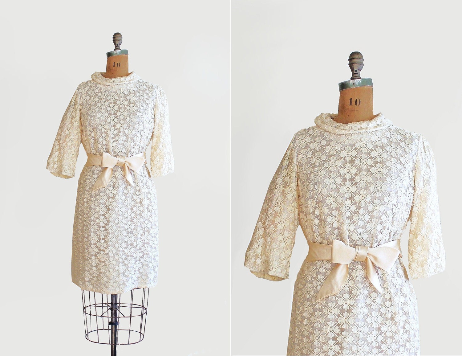 vintage creamy snowflake lace dress with satin bow belt