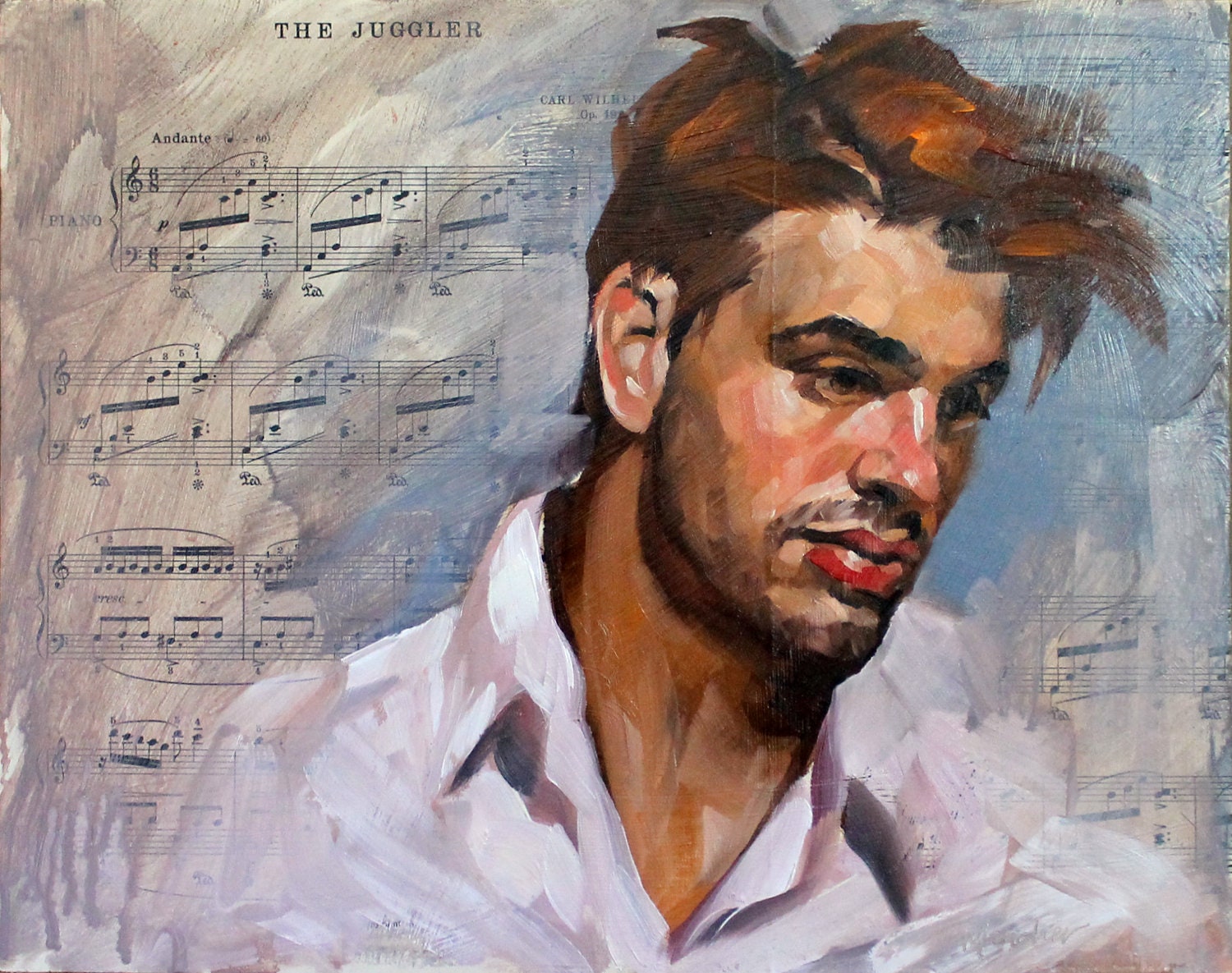Barry de Treasure 11"x14" oilpaint and sheet music on masonite panel by Kenney Mencher