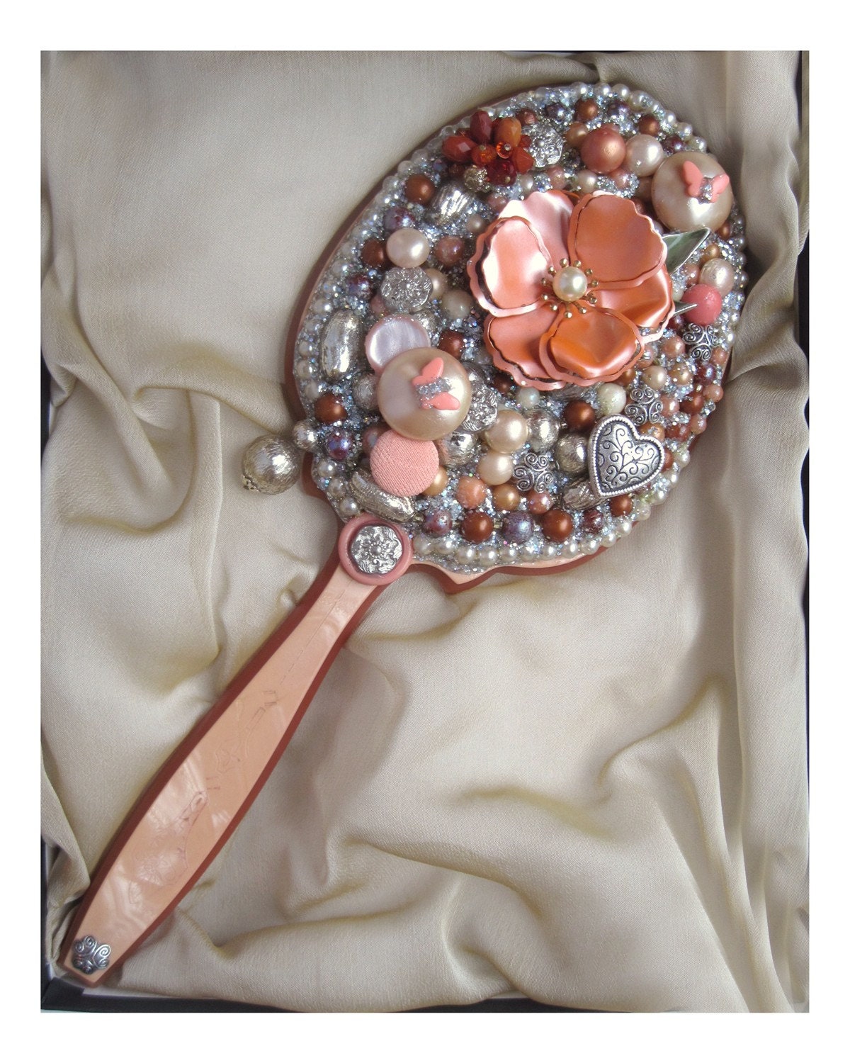 Hand Mirror, Decorative Jeweled Art Mirror, Radiant Reflections, Lustrous Mirror, Peach Blossom Floating In a Sea Of Silvery Pearls