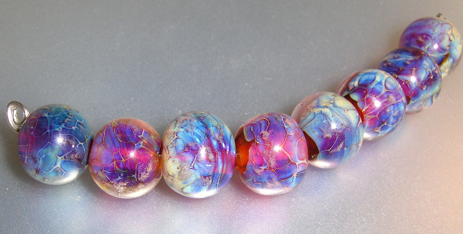 Lampwork Clio Round Beads Light Blue, Purple and  Pink (8)