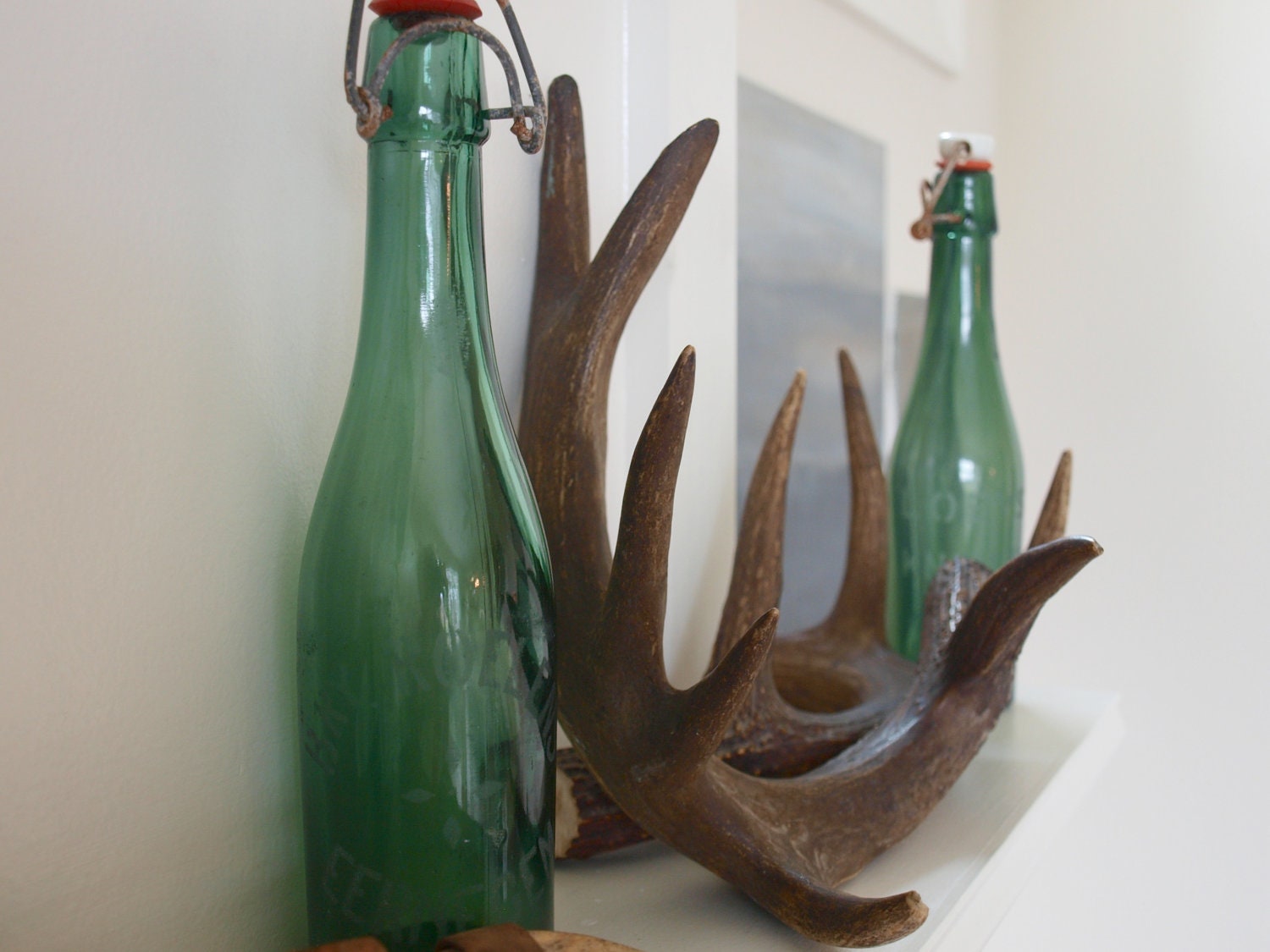PAIR of VINTAGE EUROPEAN Green Bottles With Stoppers