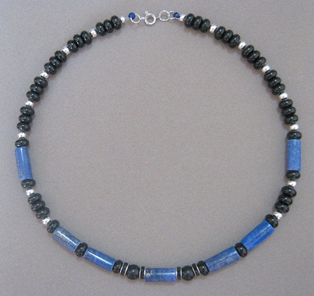 Denim and Leather Genuine Lapis Lazuli and Black Onyx Necklace