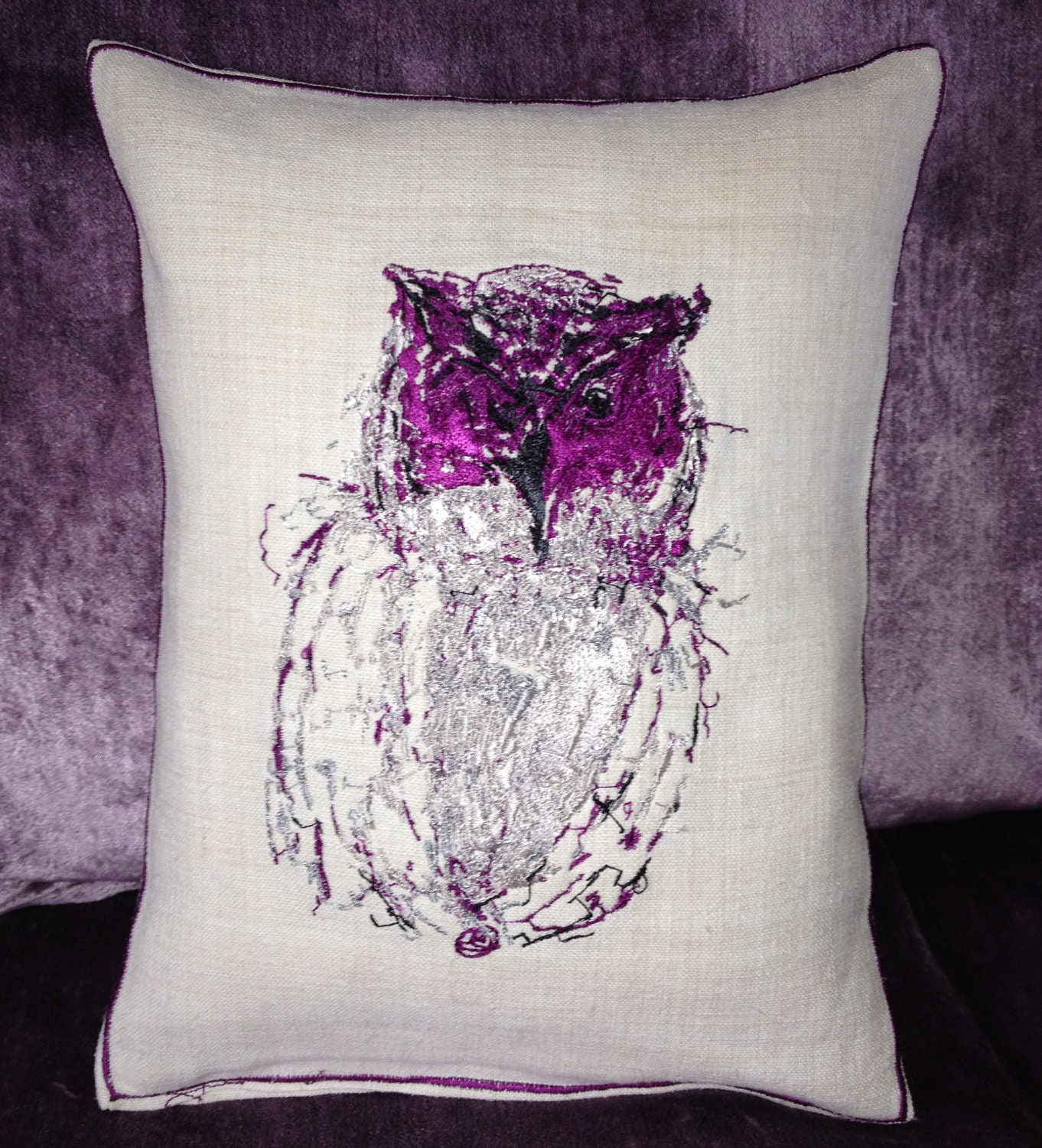 Tatty Owl, Embroidery Art Throw Cushion - Vintage Linen