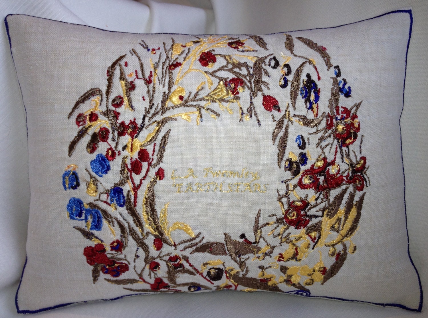 Artistic Embroidery Berry Ring, "Earth Stars" Cushion Throw - Vintage Linen