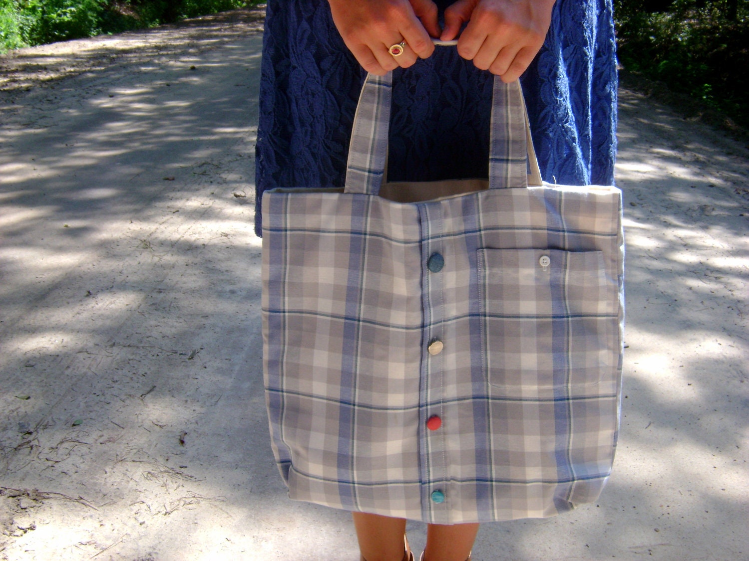 Blue, White and Grey Shirt Tote with Colored Buttons