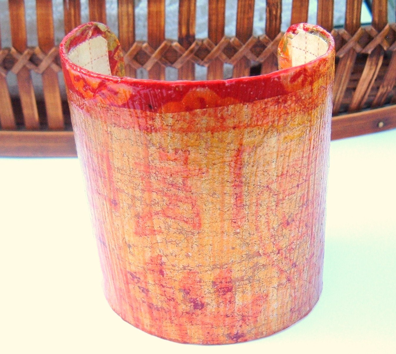 A Decoupage Cuff Bracelet red and gold from a vintage Chinese Restaurant Napkin