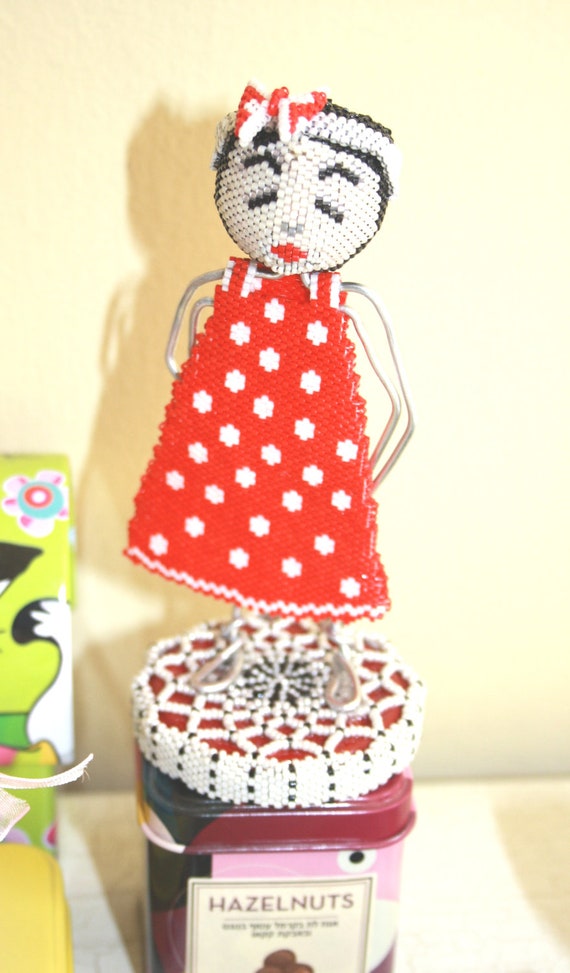 Ana - a girl in a red dress with white dots - OOAK home decor vintage-style art doll. Red and white. beadwork. Retro.