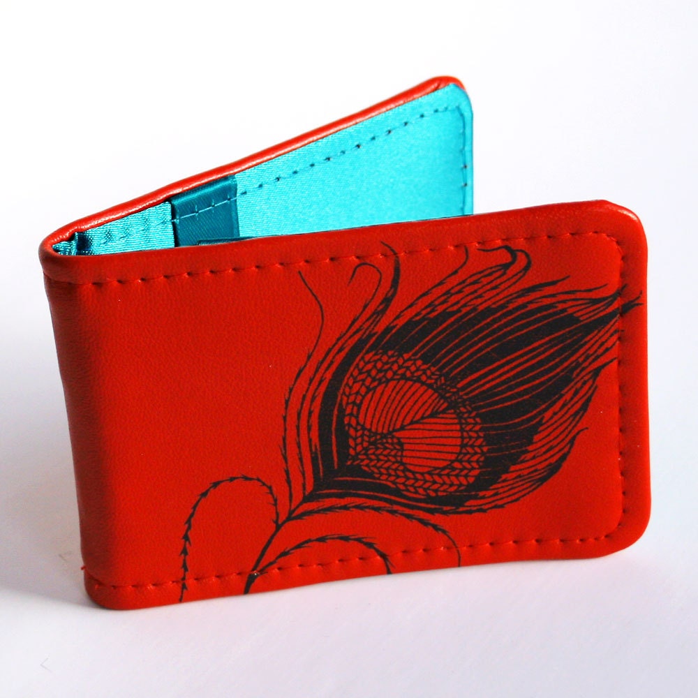 Red Leather Peacock Feather Card Holder (Handcrafted & Handprinted)