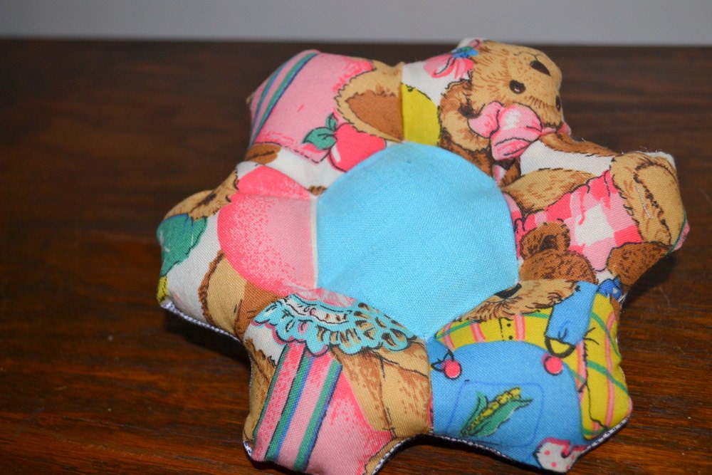 Pin Cushion Primitive Pieced Flower Teddy Bears and Turquoise Center