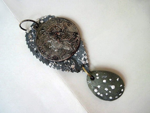 Warrior. Victorian Tribal Rustic Antique Medal Pendant. Grey Gray.