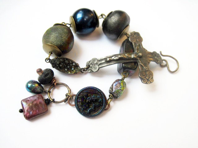 The Human Night. Cosmic Rustic Dark Assemblage Bracelet with Sterling Crucifix, Iridescents and Raku Art Beads.