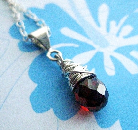 Red Garnet Pendant. Sterling Silver Chain Necklace. Strawberry Wine