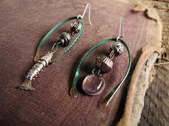 Puparak - artisan earrings - eco friendly assemblage - fish - mismatched