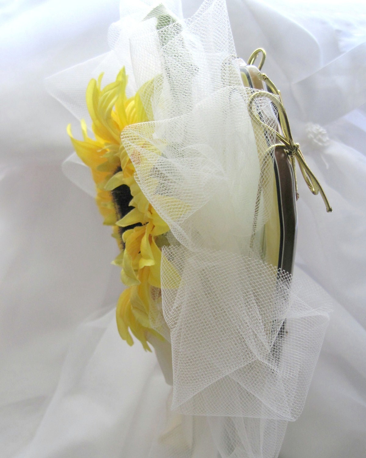 Wedding Bouquet, Silky Golden Sunflower Blossom, Green Leaves, Attaches to Wedding Art  Mirrors, For Bride, Bridesmaid, Or Maid of Honor