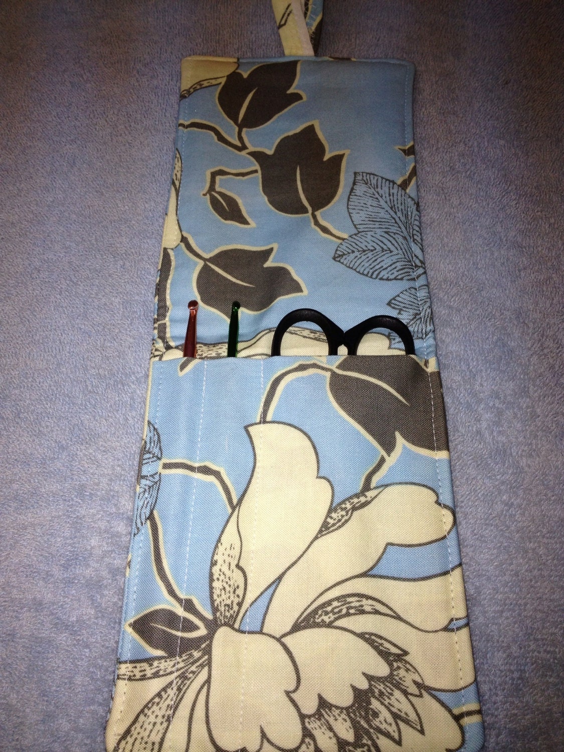 Crochet Hook Holder Organizer Blues Gray White Floral to go Holds 2 Needles and Scissors