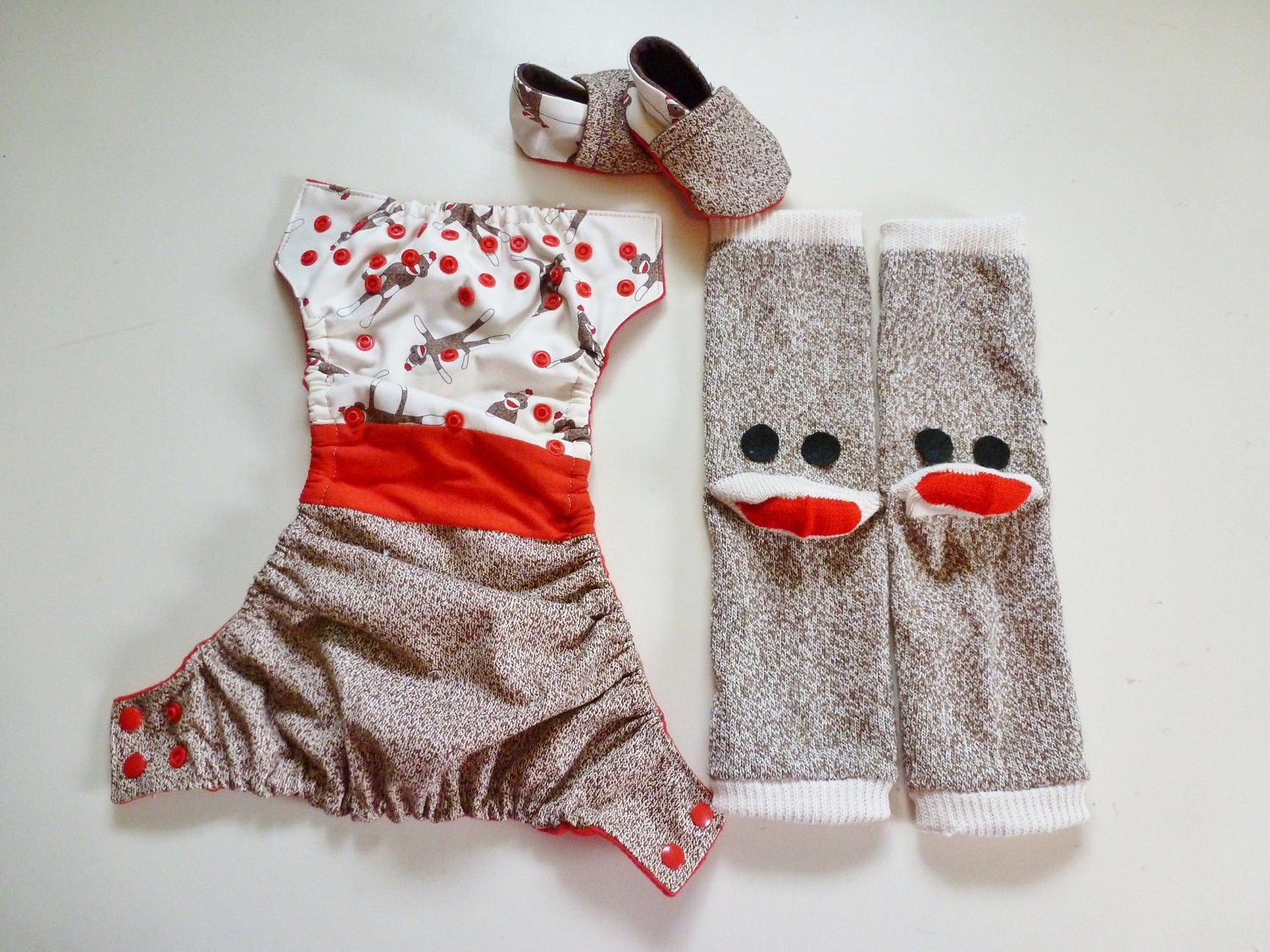 Sock Monkey One Size Pocket Diaper, Leg Warmers and Soft Soled Shoes Gift Set