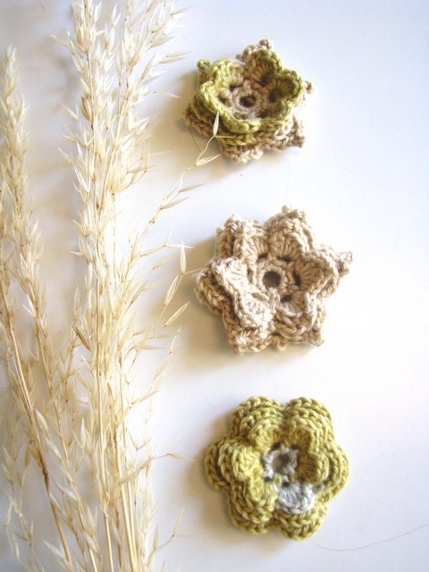 Autumn rustic flowers in cream, beige, gray and olive - set of three vintage flowers