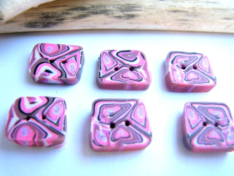 Buttons pink, purple, white and black square - set of 6 abstract buttons