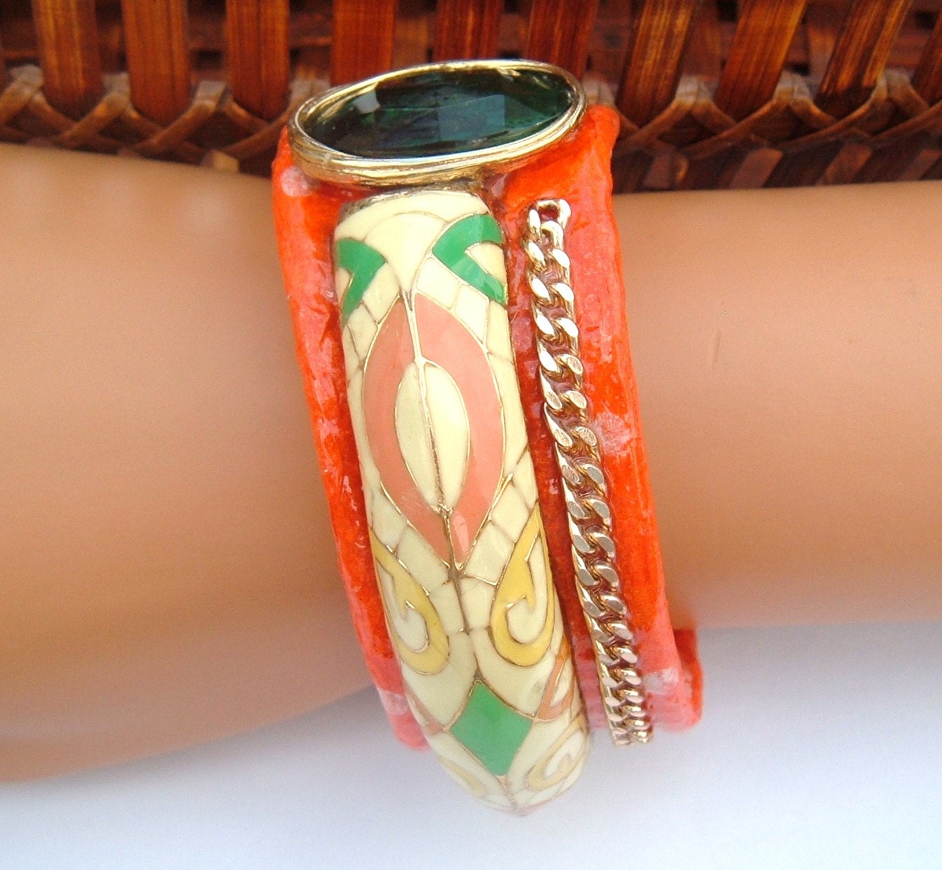 A Polkadot Orange Decoupage Cuff Bracelet vintage recycle