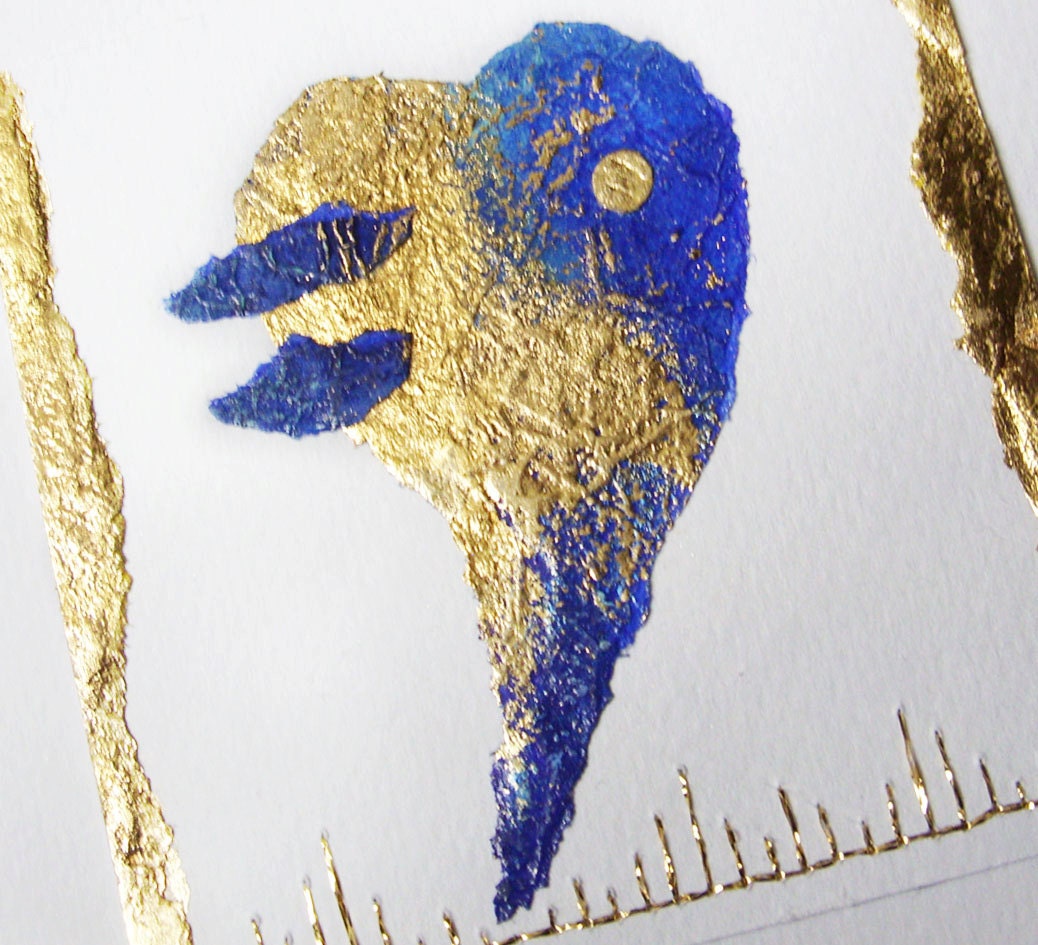 OOAK Modern painting / Greeting card, wedding, Blue and gold - Blue Feelings
